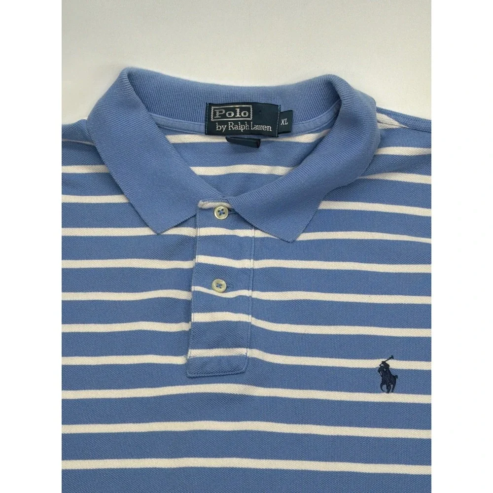 Polo Ralph Lauren Mens XL Blue White Striped Short Sleeve Pique‎ Polo Shirt Logo